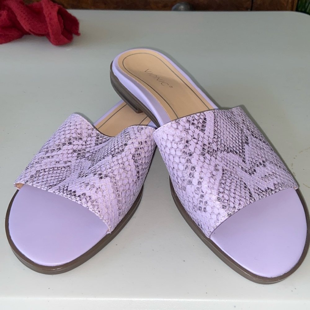 Vionic Lilac Snake Print Leather Slide Sandals